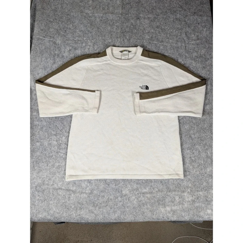 The North Face Mens Knit A5 Sweater White Olive Green Stripes Logo L -stain/snag